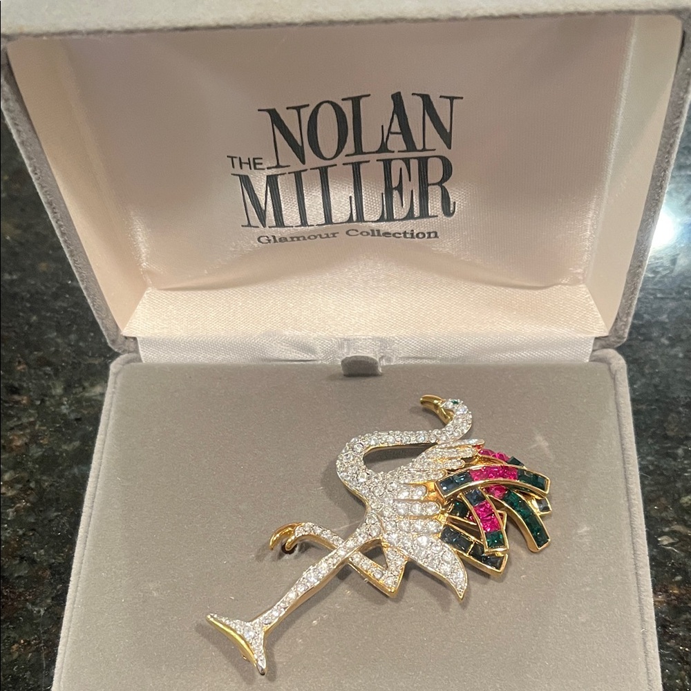 Nolan Miller Crystal Flamingo Brooch with Gold and Pink Accents